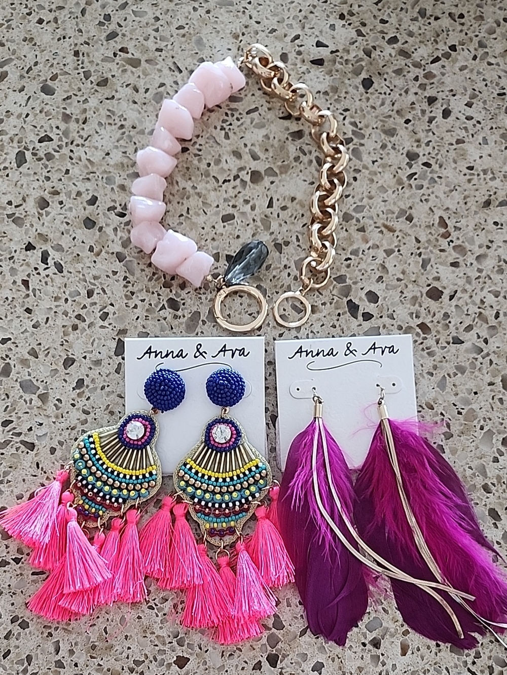Anna & Ava Colorful Tassel Earrings Set with Pink Beaded Bracelet